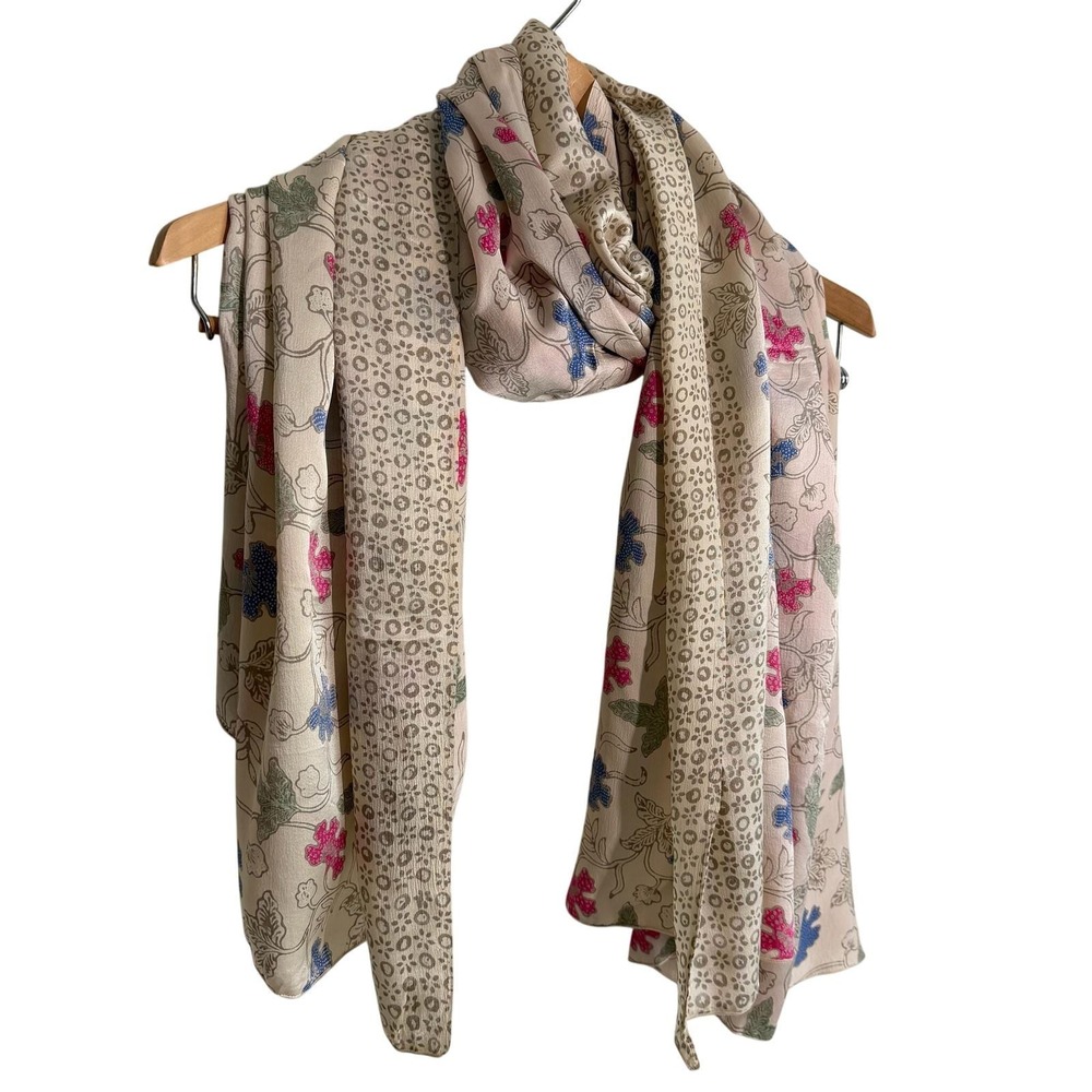 Cream Pink Blue Floral Paisley Scarf Lightweight Soft Wrap Boho Pashmina Vintage